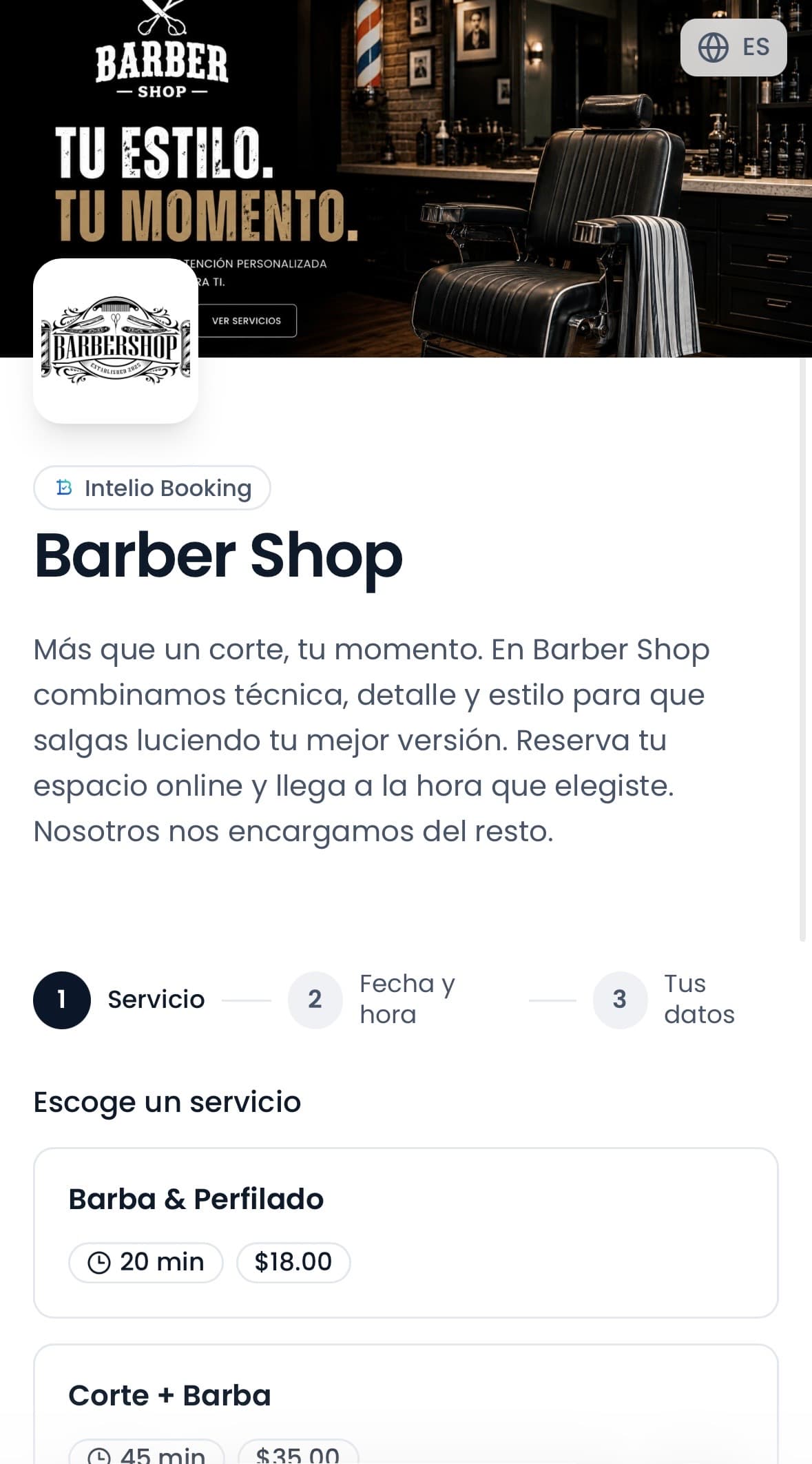 Página de reservas de un negocio en Intelio Booking