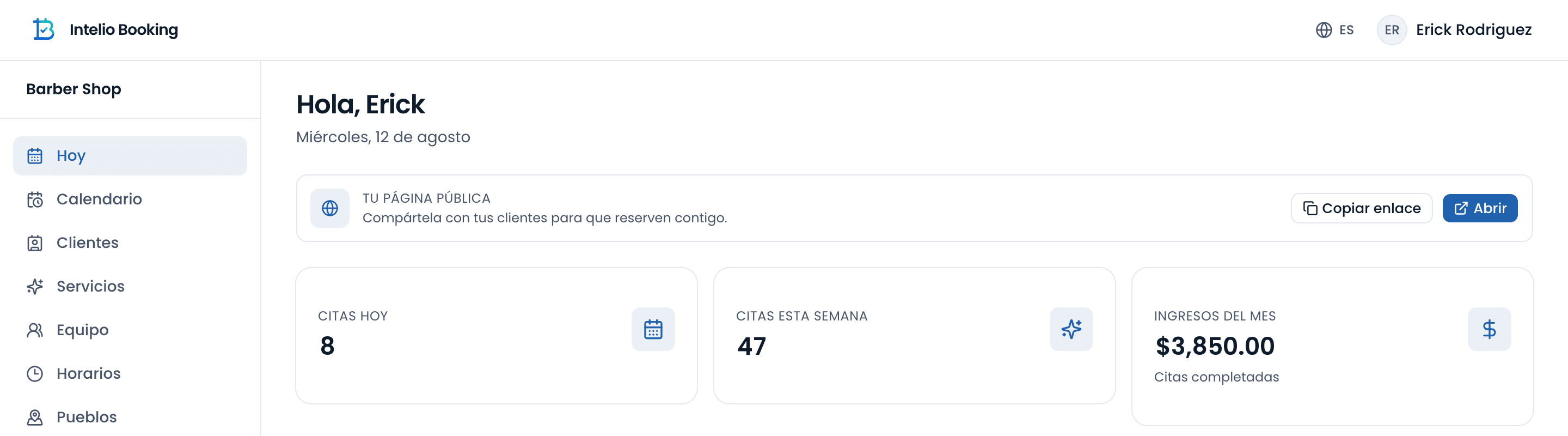 Panel del negocio en Intelio Booking